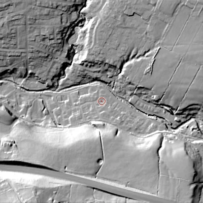 Shaded relief map of the ground around SK236BF, computed from Environment Agency LiDAR. The ground here sits at about 185 m above sea level and falls 47 m across the surrounding 800 m. Surface water reaching this point runs off ground lying to the south-south-east, 3.8 m higher.