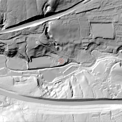 Shaded relief map of the ground around SK236BT, computed from Environment Agency LiDAR. The ground here sits at about 179 m above sea level and falls 60 m across the surrounding 800 m. Surface water reaching this point runs off ground lying to the north, 2.2 m higher.