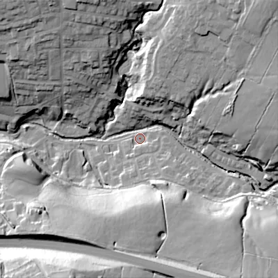 Shaded relief map of the ground around SK236BW, computed from Environment Agency LiDAR. The ground here sits at about 182 m above sea level and falls 45 m across the surrounding 800 m. Surface water reaching this point runs off ground lying to the north-east, 30.1 m higher.