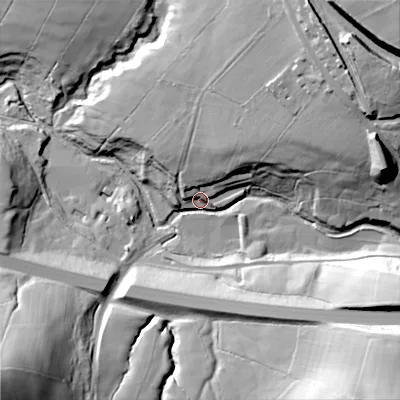 Shaded relief map of the ground around SK236DU, computed from Environment Agency LiDAR. The ground here sits at about 196 m above sea level and falls 70 m across the surrounding 800 m. Surface water reaching this point runs off ground lying to the south-east, 44.8 m higher.
