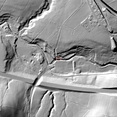 Shaded relief map of the ground around SK236DX, computed from Environment Agency LiDAR. The ground here sits at about 195 m above sea level and falls 75 m across the surrounding 800 m. Surface water reaching this point runs off ground lying to the south-east, 44.2 m higher.