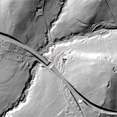 Shaded relief map of the ground around SK236DZ, computed from Environment Agency LiDAR. The ground here sits at about 218 m above sea level and falls 64 m across the surrounding 800 m. Surface water reaching this point runs off ground lying to the east-south-east, 33.5 m higher.