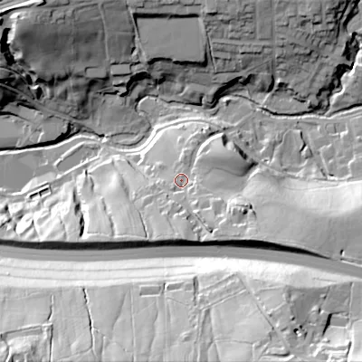 Shaded relief map of the ground around SK236EJ, computed from Environment Agency LiDAR. The ground here sits at about 192 m above sea level and falls 65 m across the surrounding 800 m. Surface water reaching this point runs off ground lying to the south-east, 14.5 m higher.