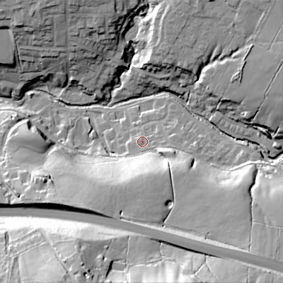 Shaded relief map of the ground around SK236EP, computed from Environment Agency LiDAR. The ground here sits at about 186 m above sea level and falls 51 m across the surrounding 800 m. Surface water reaching this point runs off ground lying to the south-south-east, 1.9 m higher.