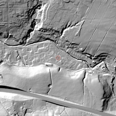 Shaded relief map of the ground around SK236EQ, computed from Environment Agency LiDAR. The ground here sits at about 187 m above sea level and falls 50 m across the surrounding 800 m. Surface water reaching this point runs off ground lying to the south, 4.1 m higher.