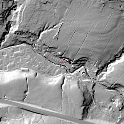 Shaded relief map of the ground around SK236EZ, computed from Environment Agency LiDAR. The ground here sits at about 187 m above sea level and falls 42 m across the surrounding 800 m. Surface water reaching this point runs off ground lying to the north-east, 34.0 m higher.
