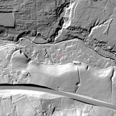 Shaded relief map of the ground around SK236FH, computed from Environment Agency LiDAR. The ground here sits at about 184 m above sea level and falls 51 m across the surrounding 800 m. Surface water reaching this point runs off ground lying to the south-east, 27.3 m higher.