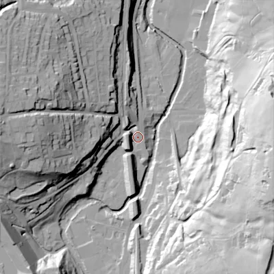 Shaded relief map of the ground around SK237AA, computed from Environment Agency LiDAR. The ground here sits at about 163 m above sea level and falls 77 m across the surrounding 800 m. Surface water reaching this point runs off ground lying to the west-north-west, 47.5 m higher.