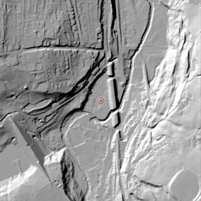 Shaded relief map of the ground around SK237AD, computed from Environment Agency LiDAR. The ground here sits at about 163 m above sea level and falls 66 m across the surrounding 800 m. Surface water reaching this point runs off ground lying to the west-north-west, 36.2 m higher.