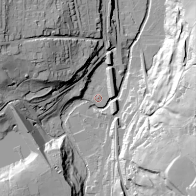 Shaded relief map of the ground around SK237BJ, computed from Environment Agency LiDAR. The ground here sits at about 163 m above sea level and falls 66 m across the surrounding 800 m. Surface water reaching this point runs off ground lying to the west-north-west, 10.4 m higher.