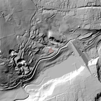 Shaded relief map of the ground around SK237BW, computed from Environment Agency LiDAR. The ground here sits at about 194 m above sea level and falls 116 m across the surrounding 800 m. Surface water reaching this point runs off ground lying to the west-north-west, 8.1 m higher.