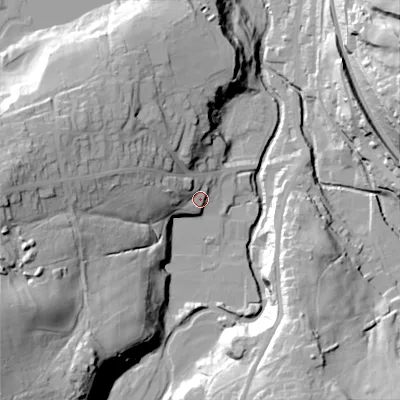 Shaded relief map of the ground around SK237DB, computed from Environment Agency LiDAR. The ground here sits at about 175 m above sea level and falls 58 m across the surrounding 800 m. Surface water reaching this point runs off ground lying to the west-north-west, 20.7 m higher.
