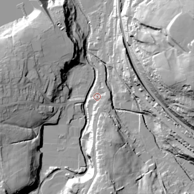Shaded relief map of the ground around SK237DD, computed from Environment Agency LiDAR. The ground here sits at about 170 m above sea level and falls 57 m across the surrounding 800 m. Surface water reaching this point runs off ground lying to the south, 11.5 m higher.