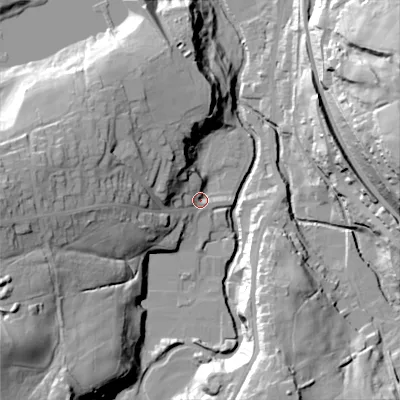 Shaded relief map of the ground around SK237DG, computed from Environment Agency LiDAR. The ground here sits at about 170 m above sea level and falls 55 m across the surrounding 800 m. Surface water reaching this point runs off ground lying to the west, 32.5 m higher.