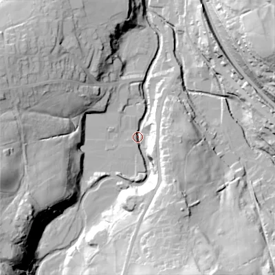 Shaded relief map of the ground around SK237DQ, computed from Environment Agency LiDAR. The ground here sits at about 169 m above sea level and falls 50 m across the surrounding 800 m. Surface water reaching this point runs off ground lying to the south-west, 43.5 m higher.