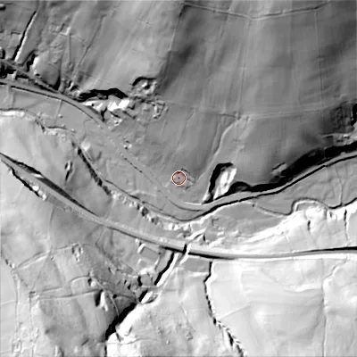 Shaded relief map of the ground around SK237EN, computed from Environment Agency LiDAR. The ground here sits at about 189 m above sea level and falls 96 m across the surrounding 800 m. Surface water reaching this point runs off ground lying to the north-north-east, 15.1 m higher.