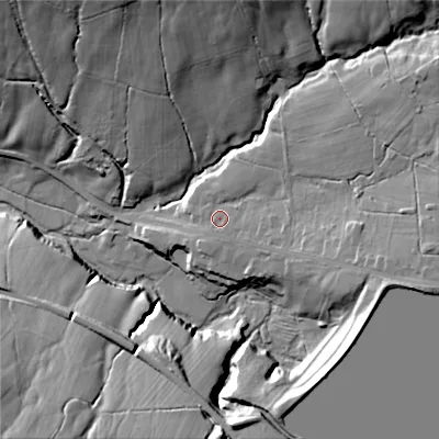 Shaded relief map of the ground around SK237ER, computed from Environment Agency LiDAR. The ground here sits at about 205 m above sea level and falls 48 m across the surrounding 800 m. Surface water reaching this point runs off ground lying to the north-east, 16.7 m higher.