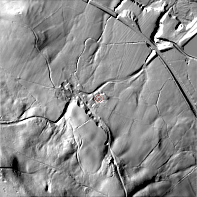 Shaded relief map of the ground around SK237ES, computed from Environment Agency LiDAR. The ground here sits at about 249 m above sea level and falls 193 m across the surrounding 800 m. Surface water reaching this point runs off ground lying to the south-south-west, 65.4 m higher.