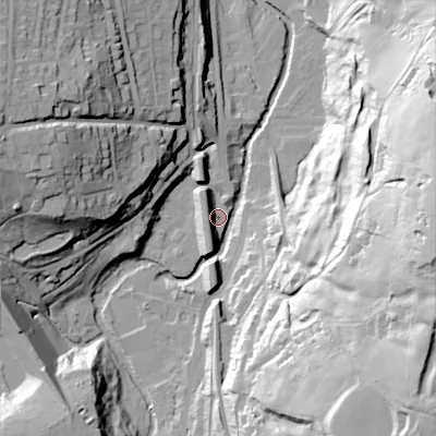 Shaded relief map of the ground around SK237FZ, computed from Environment Agency LiDAR. The ground here sits at about 162 m above sea level and falls 77 m across the surrounding 800 m. Surface water reaching this point runs off ground lying to the east-south-east, 72.3 m higher.
