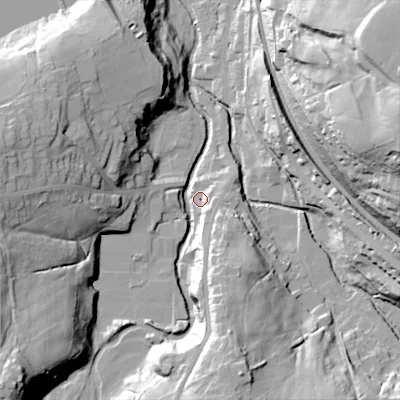 Shaded relief map of the ground around SK237GE, computed from Environment Agency LiDAR. The ground here sits at about 170 m above sea level and falls 55 m across the surrounding 800 m. Surface water reaching this point runs off ground lying to the south-west, 43.7 m higher.