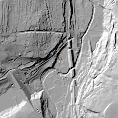 Shaded relief map of the ground around SK237GH, computed from Environment Agency LiDAR. The ground here sits at about 163 m above sea level and falls 64 m across the surrounding 800 m. Surface water reaching this point runs off ground lying to the west-north-west, 36.2 m higher.