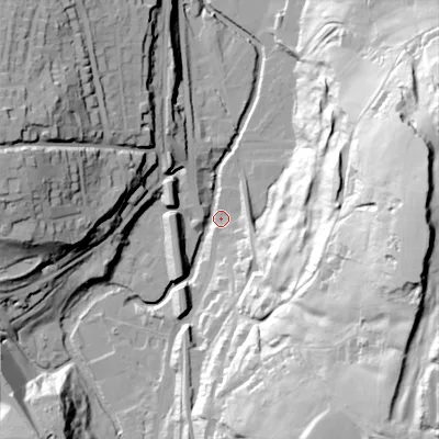 Shaded relief map of the ground around SK237HN, computed from Environment Agency LiDAR. The ground here sits at about 160 m above sea level and falls 80 m across the surrounding 800 m. Surface water reaching this point runs off ground lying to the east, 76.6 m higher.