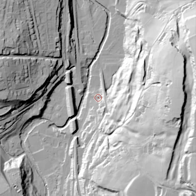 Shaded relief map of the ground around SK237HP, computed from Environment Agency LiDAR. The ground here sits at about 164 m above sea level and falls 84 m across the surrounding 800 m. Surface water reaching this point runs off ground lying to the east-south-east, 49.4 m higher.
