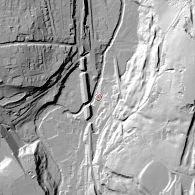 Shaded relief map of the ground around SK237HT, computed from Environment Agency LiDAR. The ground here sits at about 163 m above sea level and falls 78 m across the surrounding 800 m. Surface water reaching this point runs off ground lying to the east, 74.9 m higher.