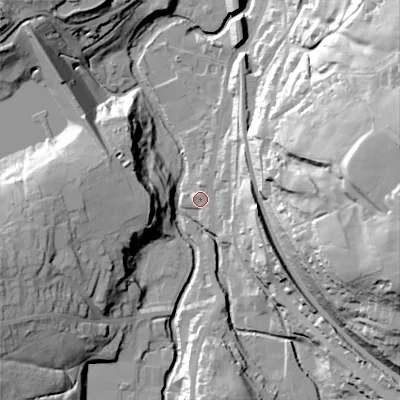Shaded relief map of the ground around SK237HX, computed from Environment Agency LiDAR. The ground here sits at about 168 m above sea level and falls 61 m across the surrounding 800 m. Surface water reaching this point runs off ground lying to the east-south-east, 18.3 m higher.