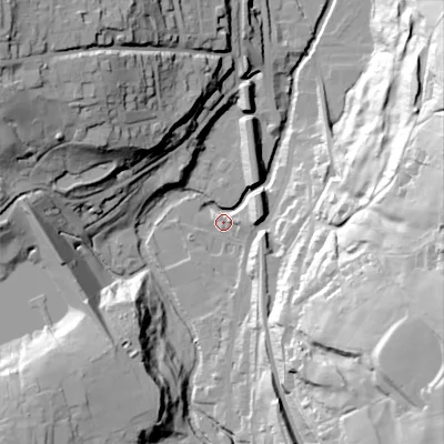 Shaded relief map of the ground around SK237HY, computed from Environment Agency LiDAR. The ground here sits at about 165 m above sea level and falls 66 m across the surrounding 800 m. Surface water reaching this point runs off ground lying to the north-west, 53.5 m higher.
