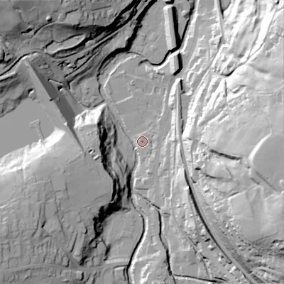 Shaded relief map of the ground around SK237JA, computed from Environment Agency LiDAR. The ground here sits at about 166 m above sea level and falls 60 m across the surrounding 800 m. Surface water reaching this point runs off ground lying to the south-east, 14.8 m higher.