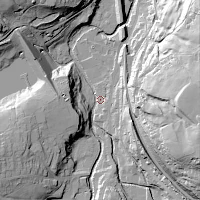 Shaded relief map of the ground around SK237JB, computed from Environment Agency LiDAR. The ground here sits at about 166 m above sea level and falls 60 m across the surrounding 800 m. Surface water reaching this point runs off ground lying to the west-south-west, 34.0 m higher.