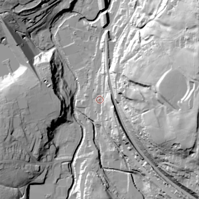 Shaded relief map of the ground around SK237JE, computed from Environment Agency LiDAR. The ground here sits at about 170 m above sea level and falls 69 m across the surrounding 800 m. Surface water reaching this point runs off ground lying to the east-south-east, 13.5 m higher.