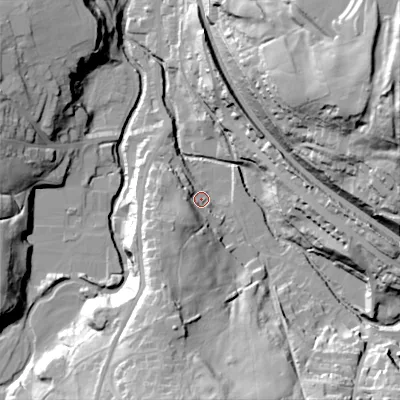 Shaded relief map of the ground around SK237JG, computed from Environment Agency LiDAR. The ground here sits at about 173 m above sea level and falls 67 m across the surrounding 800 m. Surface water reaching this point runs off ground lying to the south-west, 15.8 m higher.