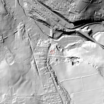 Shaded relief map of the ground around SK237JN, computed from Environment Agency LiDAR. The ground here sits at about 189 m above sea level and falls 91 m across the surrounding 800 m. Surface water reaching this point runs off ground lying to the south-east, 72.6 m higher.