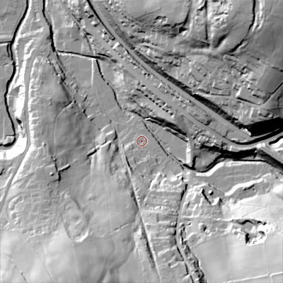 Shaded relief map of the ground around SK237JQ, computed from Environment Agency LiDAR. The ground here sits at about 174 m above sea level and falls 80 m across the surrounding 800 m. Surface water reaching this point runs off ground lying to the south, 14.5 m higher.