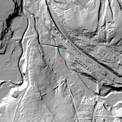 Shaded relief map of the ground around SK237JW, computed from Environment Agency LiDAR. The ground here sits at about 172 m above sea level and falls 79 m across the surrounding 800 m. Surface water reaching this point runs off ground lying to the south-south-west, 39.3 m higher.