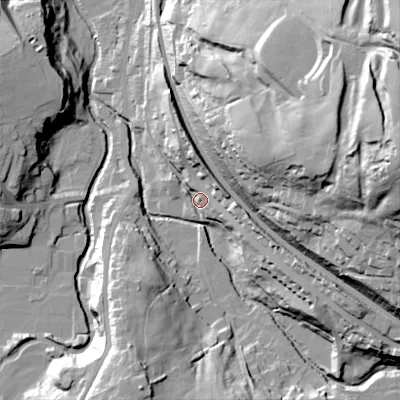 Shaded relief map of the ground around SK237JZ, computed from Environment Agency LiDAR. The ground here sits at about 177 m above sea level and falls 76 m across the surrounding 800 m. Surface water reaching this point runs off ground lying to the east, 13.7 m higher.