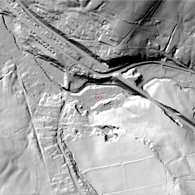 Shaded relief map of the ground around SK237LH, computed from Environment Agency LiDAR. The ground here sits at about 178 m above sea level and falls 97 m across the surrounding 800 m. Surface water reaching this point runs off ground lying to the south-east, 85.1 m higher.