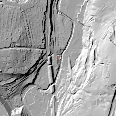 Shaded relief map of the ground around SK237LP, computed from Environment Agency LiDAR. The ground here sits at about 161 m above sea level and falls 80 m across the surrounding 800 m. Surface water reaching this point runs off ground lying to the east-south-east, 76.1 m higher.