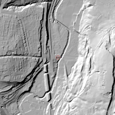 Shaded relief map of the ground around SK237LR, computed from Environment Agency LiDAR. The ground here sits at about 162 m above sea level and falls 81 m across the surrounding 800 m. Surface water reaching this point runs off ground lying to the east-south-east, 76.2 m higher.