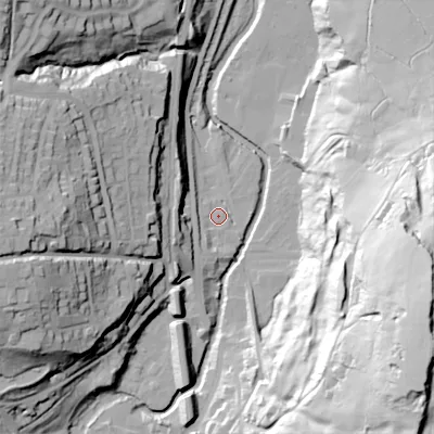 Shaded relief map of the ground around SK237LU, computed from Environment Agency LiDAR. The ground here sits at about 160 m above sea level and falls 82 m across the surrounding 800 m. Surface water reaching this point runs off ground lying to the south-south-west, 5.8 m higher.