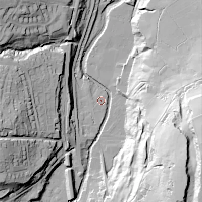 Shaded relief map of the ground around SK237LX, computed from Environment Agency LiDAR. The ground here sits at about 159 m above sea level and falls 89 m across the surrounding 800 m. Surface water reaching this point runs off ground lying to the south-west, 1.2 m higher.