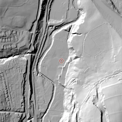 Shaded relief map of the ground around SK237LY, computed from Environment Agency LiDAR. The ground here sits at about 157 m above sea level and falls 92 m across the surrounding 800 m. Surface water reaching this point runs off ground lying to the south-east, 85.2 m higher.