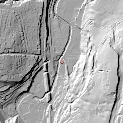 Shaded relief map of the ground around SK237LZ, computed from Environment Agency LiDAR. The ground here sits at about 160 m above sea level and falls 81 m across the surrounding 800 m. Surface water reaching this point runs off ground lying to the east-south-east, 76.2 m higher.