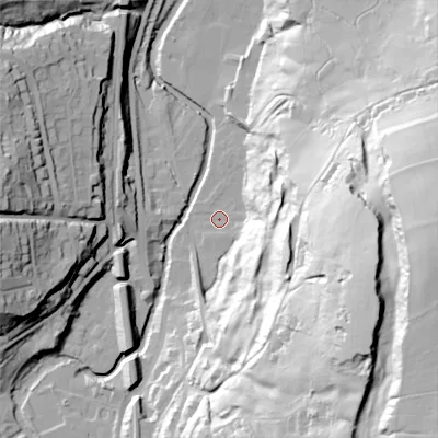 Shaded relief map of the ground around SK237NA, computed from Environment Agency LiDAR. The ground here sits at about 160 m above sea level and falls 89 m across the surrounding 800 m. Surface water reaching this point runs off ground lying to the east-south-east, 75.4 m higher.