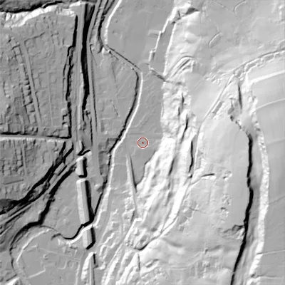 Shaded relief map of the ground around SK237NB, computed from Environment Agency LiDAR. The ground here sits at about 160 m above sea level and falls 89 m across the surrounding 800 m. Surface water reaching this point runs off ground lying to the east-south-east, 75.0 m higher.