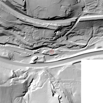 Shaded relief map of the ground around SK237NE, computed from Environment Agency LiDAR. The ground here sits at about 161 m above sea level and falls 67 m across the surrounding 800 m. Surface water reaching this point runs off ground lying to the north, 56.8 m higher.