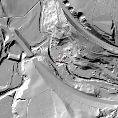 Shaded relief map of the ground around SK237NF, computed from Environment Agency LiDAR. The ground here sits at about 152 m above sea level and falls 68 m across the surrounding 800 m. Surface water reaching this point runs off ground lying to the east-north-east, 51.3 m higher.