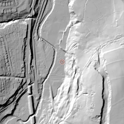 Shaded relief map of the ground around SK237NT, computed from Environment Agency LiDAR. The ground here sits at about 160 m above sea level and falls 90 m across the surrounding 800 m. Surface water reaching this point runs off ground lying to the south-east, 75.6 m higher.